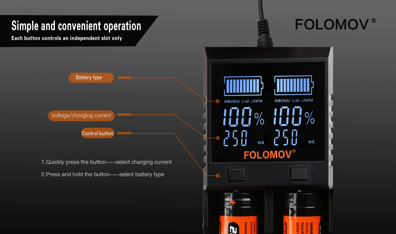 Folomov A2 Smart Quick Charger with LCD Screen Simple and convenient operation FOLOMOV Each button controls an independent slot only Battery type NiMH NiCd Li ion LiFeP04 NiMH NiCd Li ion LiFeP04 Voltage charging current  H  Control button A FOLOMOV 1 Quickly press the button    select charging current Press and hold the button    select battery type