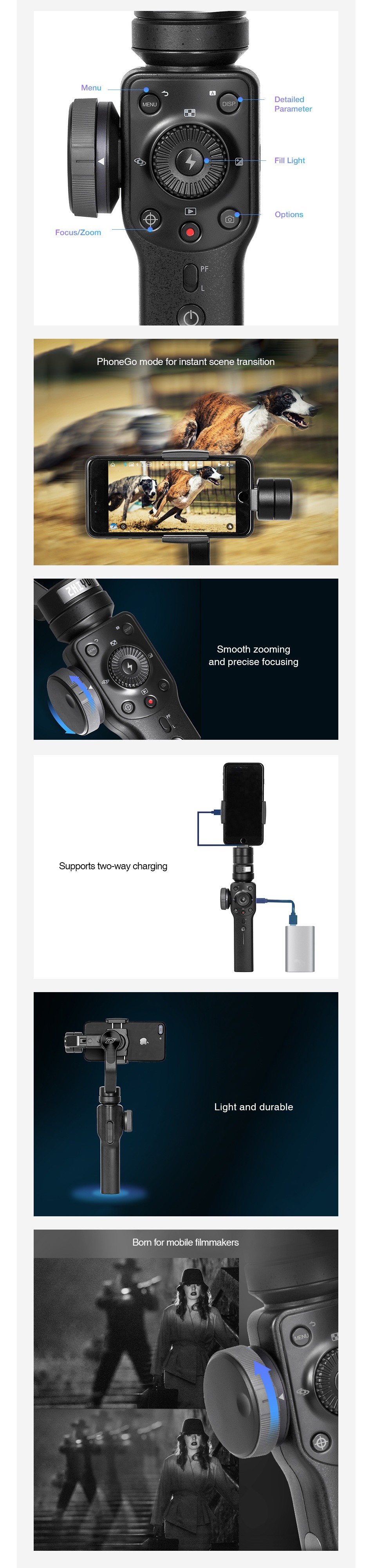 Zhiyun Smooth 4 3-Axis Handhelp Gimbal Stabilizer for Smartphone 4000mAh Menu OCus Zoc P   d precise focusing Supports two way charging Light and durable Bom for mobile filmmake