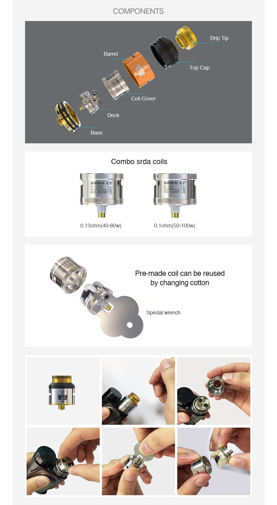 IJOY COMBO SRDA COMPONENTS Barrel Coil cove Base Combo srda coi 40 80W 100W 0 13ohm 40 80W  0 1ohm 50 100 Pre made coil can be reused by changing cotton Special wrench