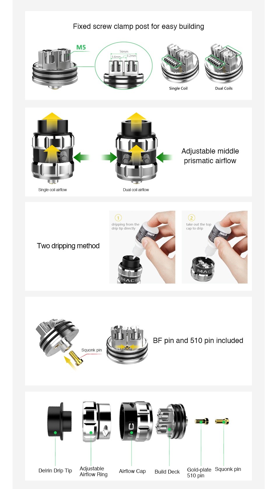 Ample Mace BF RDA iXed screw clamp post for easy building M5 ngle Coil L  Adiustable middle prismatic allow Single coil airflow Dual coil airflow ake out the top drip tip directly wo dripping method BF pin and 510 pin included Squonk pi Adiustable Airflow Ring Airflow Cap 510
