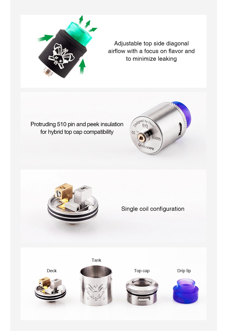 Hellvape Dead Rabbit SQ RDA Adjustable top side diagonal airflow with a focus on flavor and to minimize leaking Protruding 510 pin and peek insulation   so for hybrid top cap compatibility Single coil configuration Tank op can Drip tip