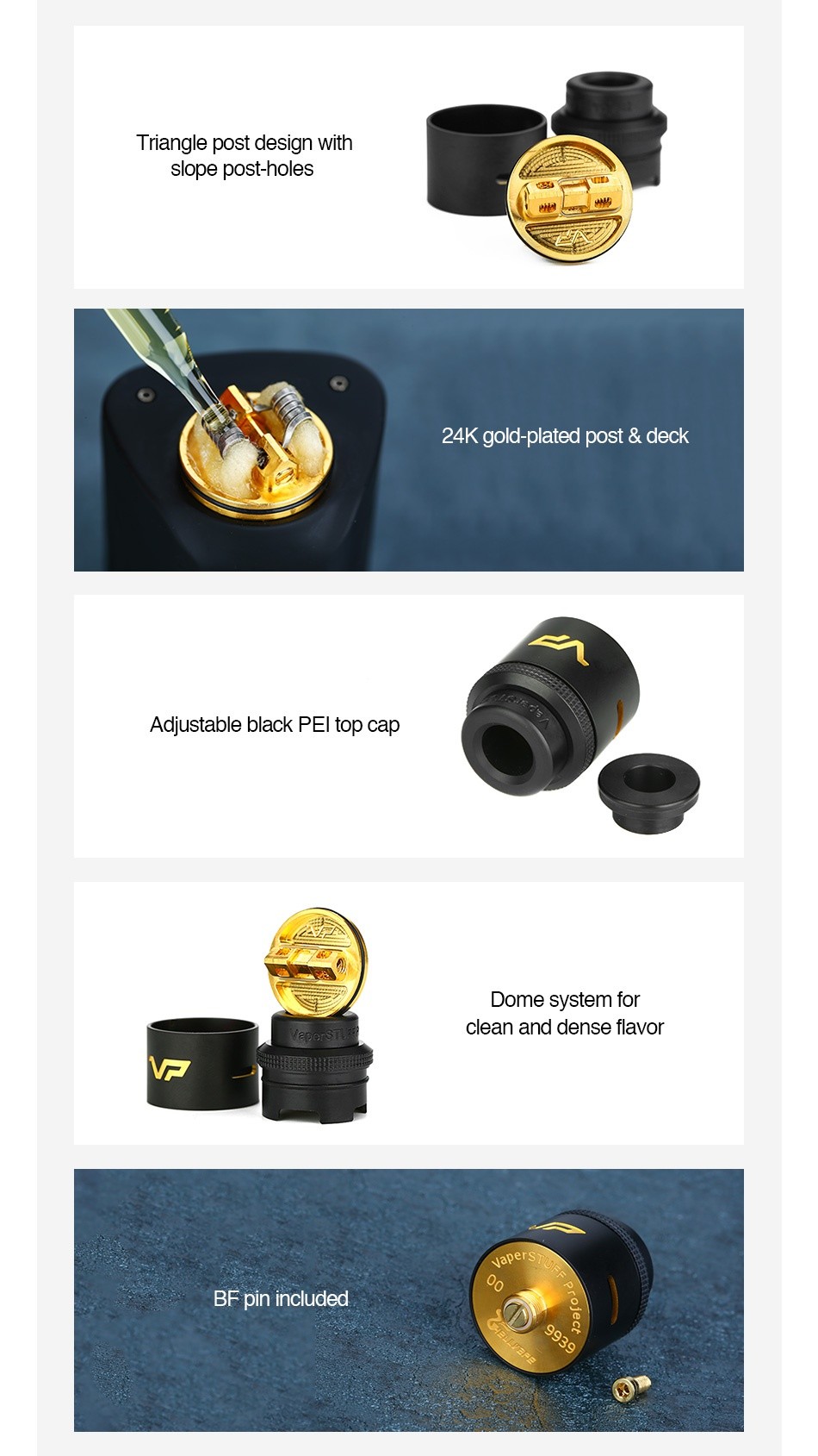 Hellvape VP RDA by VaperSTUFF Indonesia Triangle post design with slope post holes 24K gold plated post deck Adjustable black PEl top cap Dome system for clean and dense flavor Papers BF pin included