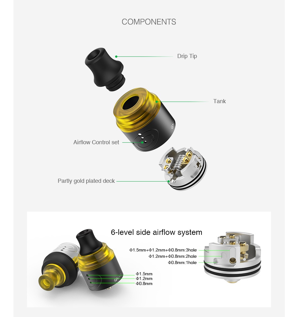 Vapefly Galaxies MTL RDA COMPONENTS Tan Airflow control set Partly gold plated deck 6 level side airflow system 1  5mm c12mm  0  8mm  hole l2mm  0  8mm  2hol d1 5mm d1 2mm