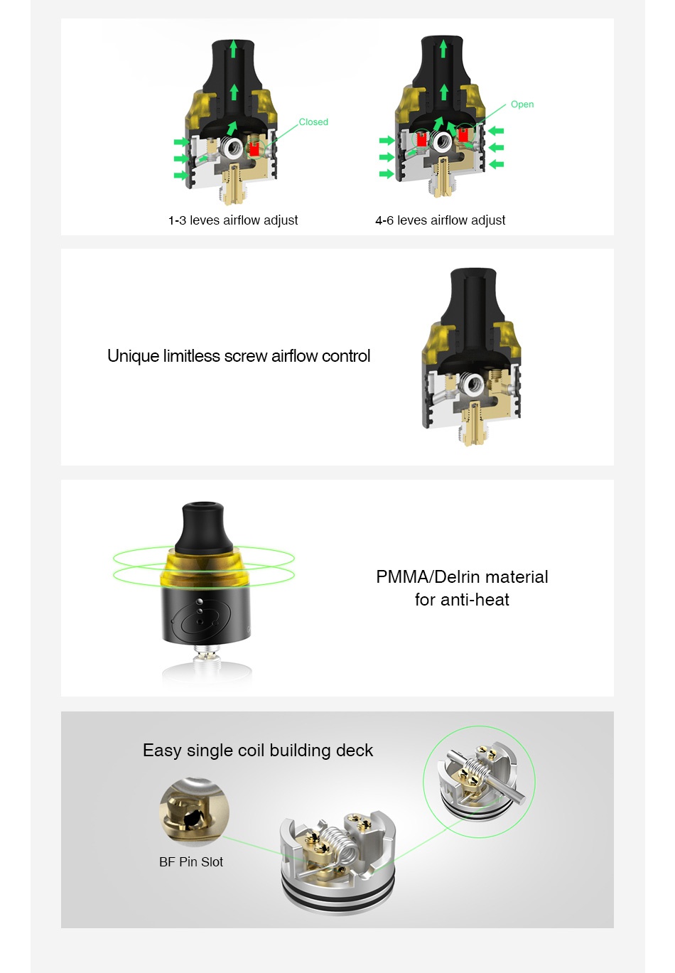 Vapefly Galaxies MTL RDA Closed 1 3 leves airflow adjust 4 6 leves airflow adjust Unique limitless screw airflow control PMMA Delrin material for anti heat Easy single coil building deck BF Pin slot