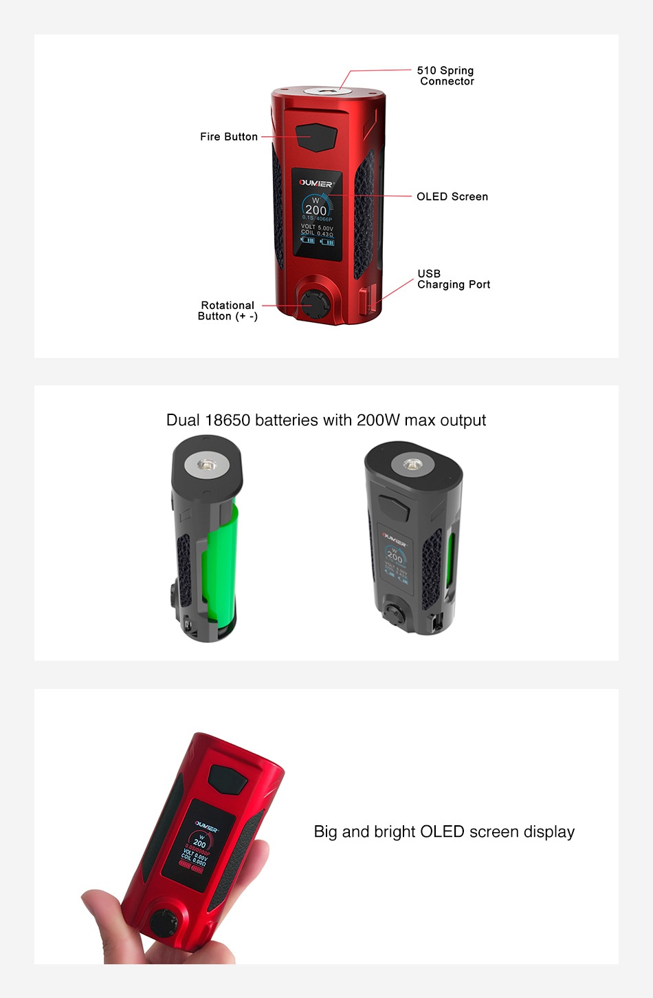OUMIER Rudder 200W TC Box MOD 510 Sprin Fire Button OLED Screen USB Charging Port Dual 18650 batteries with 200W max output Big and bright OLED screen display
