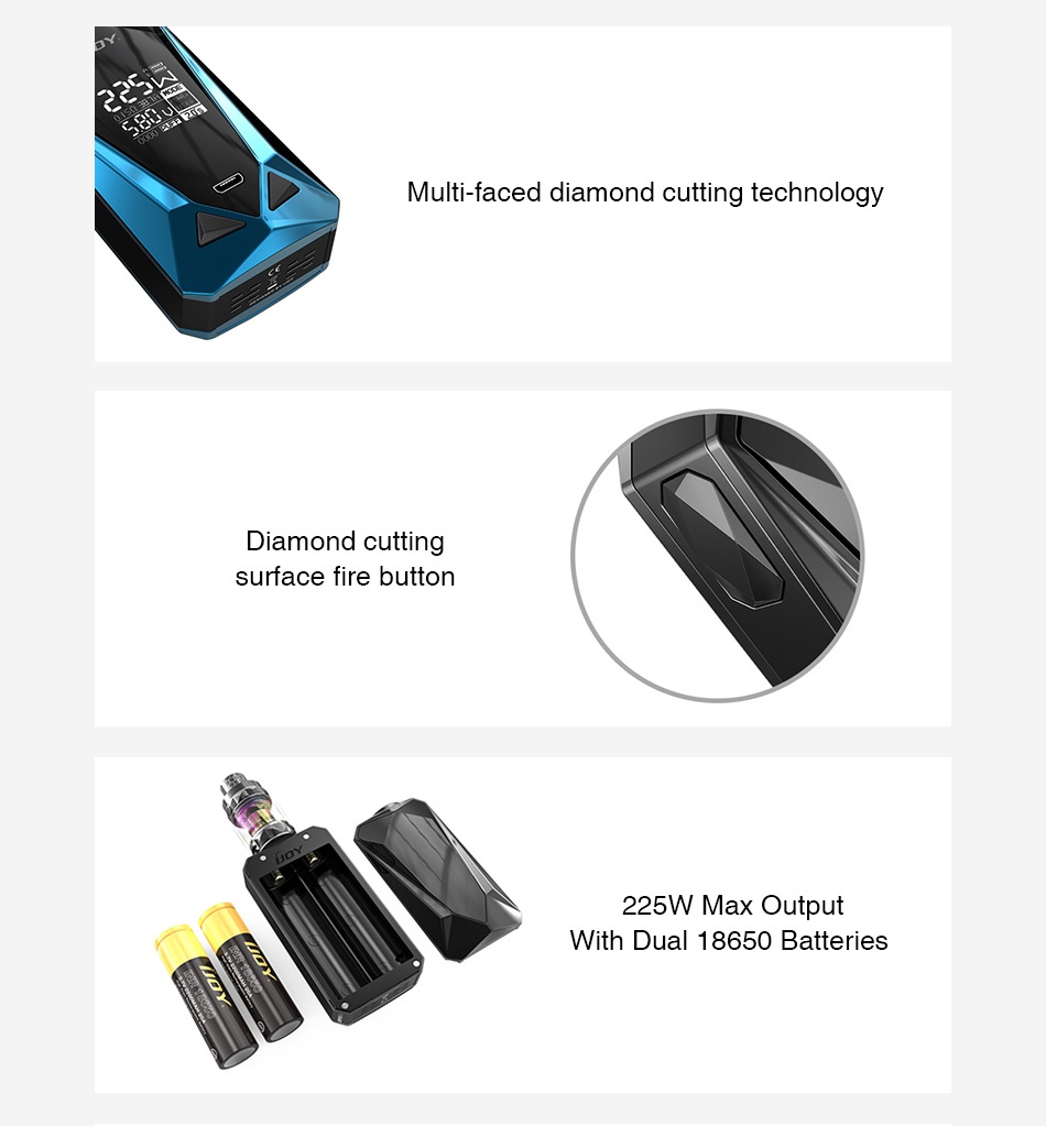 IJOY Diamond Mini 225W TC Box MOD Multi faced diamond cutting technology Diamond cutting surface fire button 225W Max Output With dual 18650 Batteries