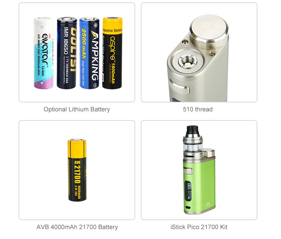 Eleaf iStick Pico 21700 100W TC Box MOD 4000mAh geable batter 30z0 Optional Lithium Battery 510 thread AVB 4000mAh 21700 Battery Stick Pico 21700 Kit