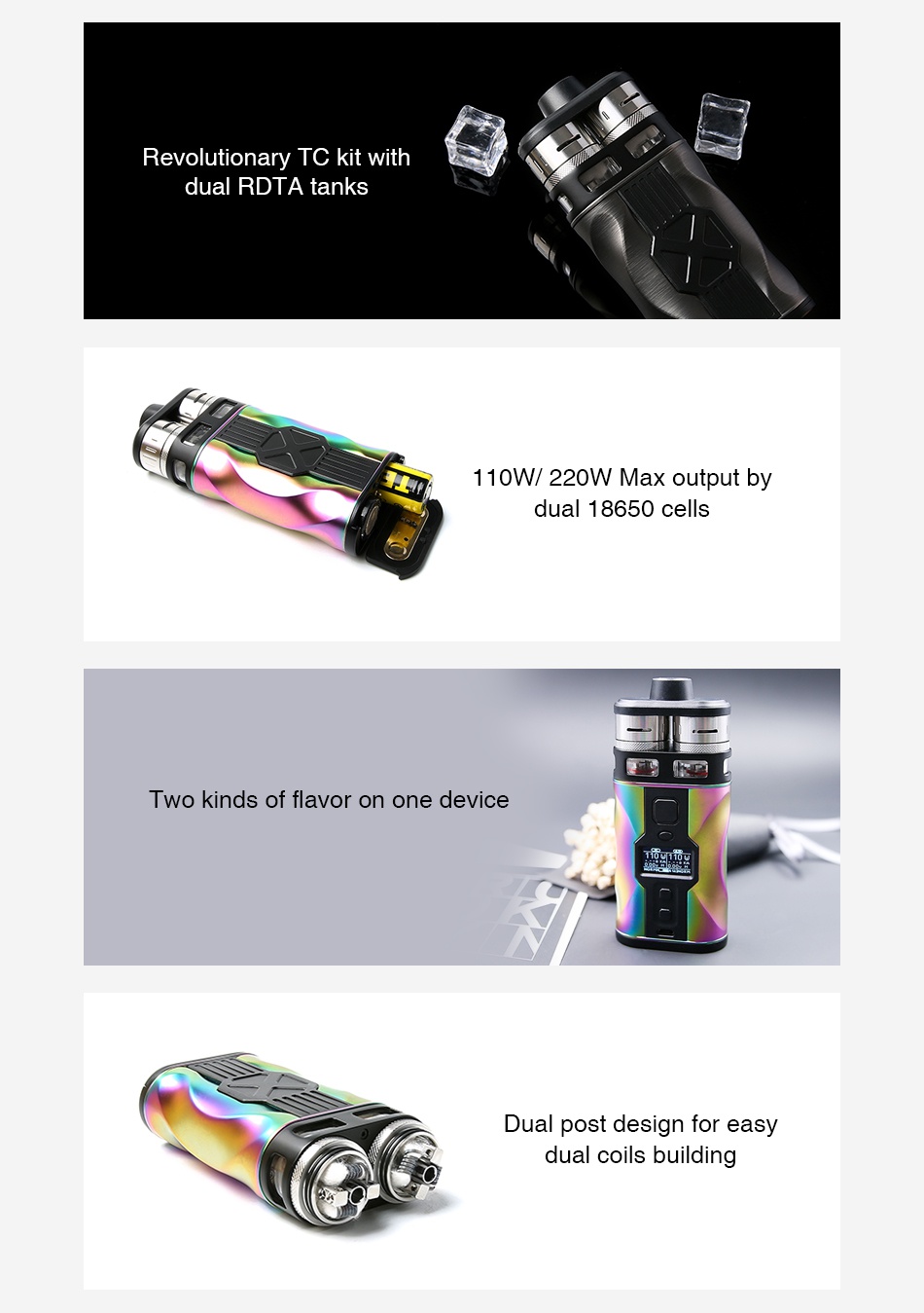 Tesla CP Couples 220W TC Kit onary TC kit with al rita tanks OW 220W Max o dual 18650 cells wo kinds of flavor on one device Dual post design for easy dual coils building