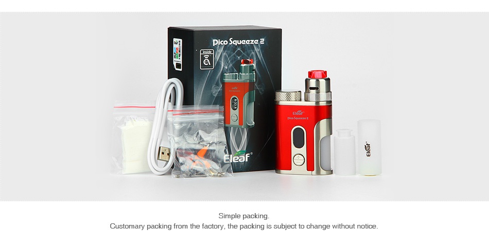 Eleaf iStick Pico Squeeze 2 100W Squonk Kit with Coral 2 RDA 4000mAh Customary packing from the factory  the packing is subject to change without notice