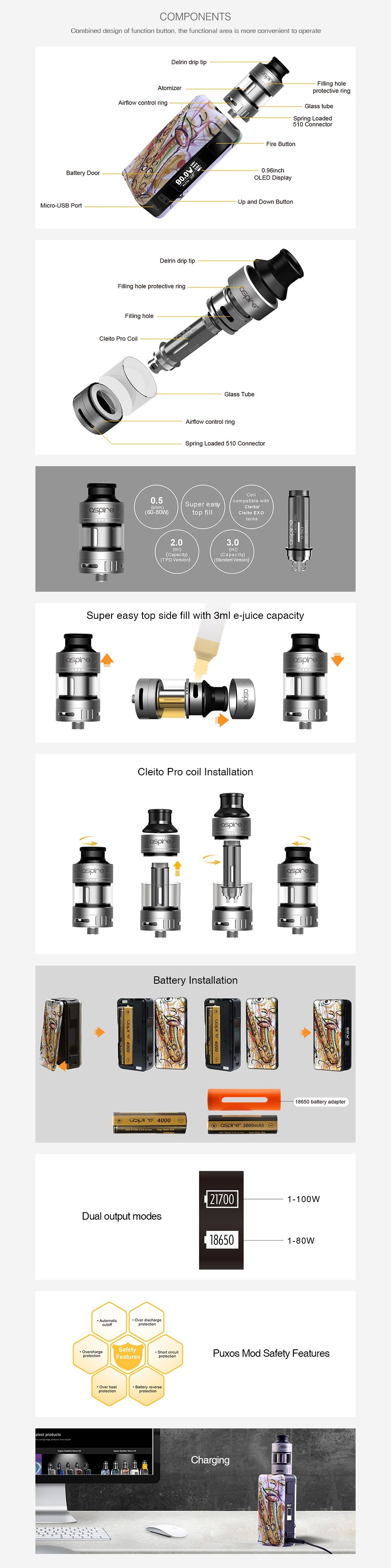 Aspire Puxos 80/100W TC Kit with Cleito Pro COMPONENTS Combincd dccign of funcuon burton  thc functon arca is morr convcnicrt bo oocratc FlIng hala crctecliva fna artic n dlp tp pruett ve nng Clsss Tube Spring Laaccd 310 Conn ior   EEGO bo era 12700 Dual output modes Puxos Mod Safety Features k Am