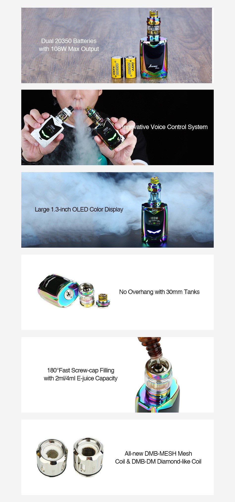 IJOY Avenger Baby 108W Voice Control TC Kit 2800mAh Dual 20350 Batteries with  108W Max Output nnovative Voice Control System Large 1 3 inch OLED Color Display No Overhang with 30mm Tanks 180  Fast Screw cap Filling with 2ml 4ml E juice Capacity All new DMB MESH Mesh coil dmb dm Diamond like coil