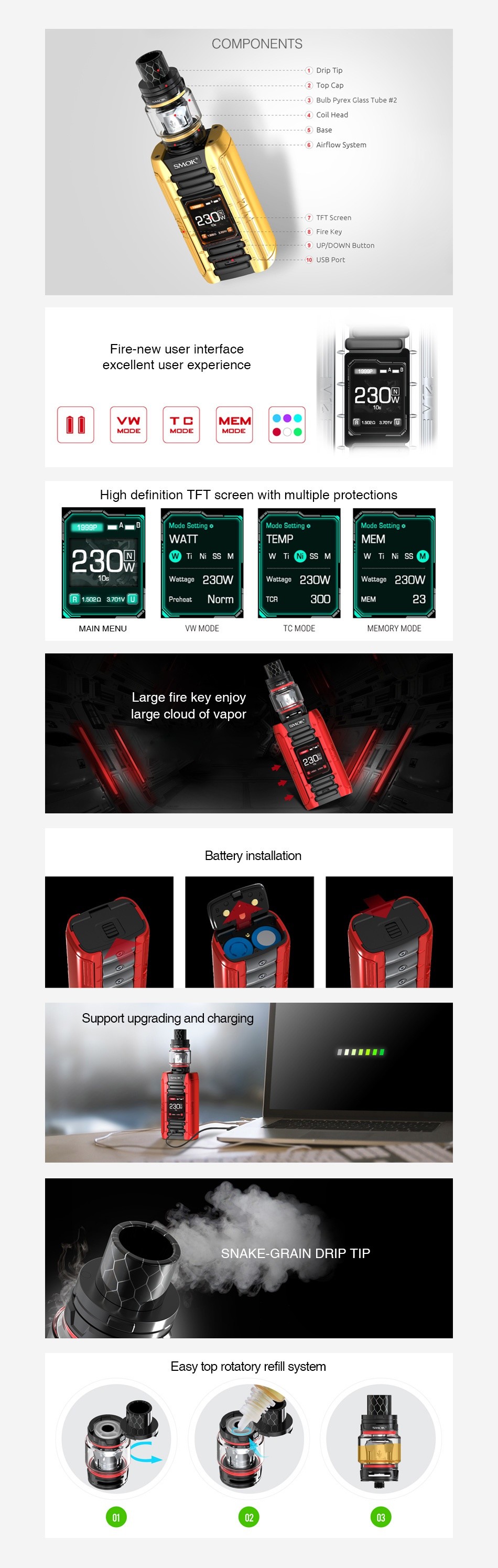 SMOK E-Priv 230W TC Kit with TFV12 Prince Tank COMPONENTS F excellent user experience 230  MEN     High definition TFT screen with multiple protections WATT TEMP MEM 230N W Ti Ni SS M 0 Weteye 230W Wattage 230w R 152L 3 U1v Prchcat 23 MAIN MENU VW MODE TC MODE MEMORY MODE Large fire key enjoy Battery installation Support upgrading and charging SNAKE GRAIN DRIP TIP p rotatory refill system