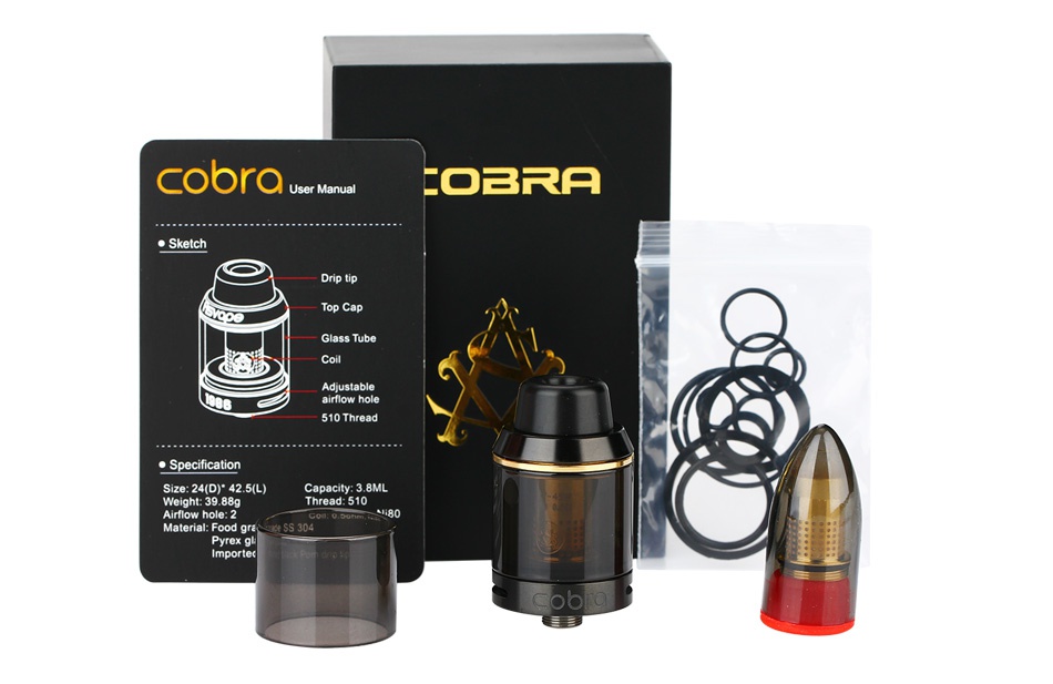 Asvape Cobra Subohm Tank 3.8ml cooro User Manua OBRA Sketch airflow hole 510 Thread size 24 D  425 L  Capacity  3 8ML Importee