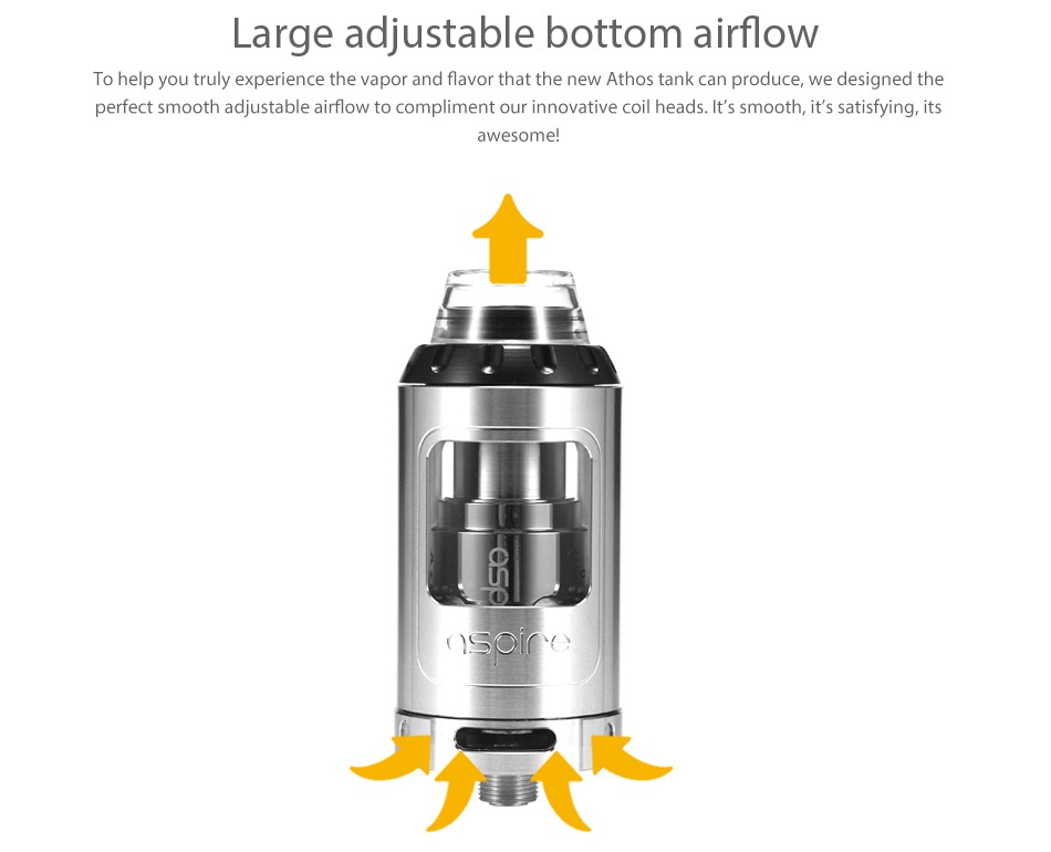 Aspire Athos Subohm Tank 4ml/2ml Large adjustable bottom airflow To help you truly experience the vapor and flavor that the new Athos tank can produce  we designed the perfect smooth adjustable airflow to compliment our innovative coil heads  It s smooth  it s satisfying its awesome mo