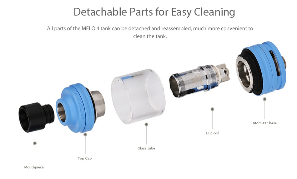 Eleaf Melo 4 Atomizer 2ml/4.5ml Detachable Parts for Easy Cleaning lI parts of the melo 4 tank can be detached and reassembled  much more convenient to clean the tank EC2 cOI