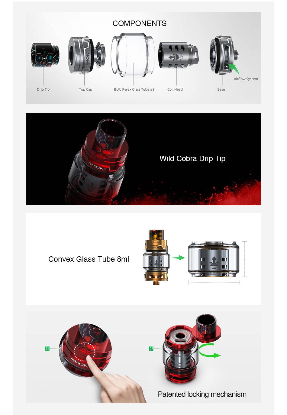 SMOK TFV12 PRINCE Cloud Beast Tank 8ml/2ml COMPONENTS Drip Tip Top Cap Bulb Pyrex Glass Tube  2 Coil Head Base Wild cobra Drip Tip Convex glass tube 8n 02 Patented locking mechanism