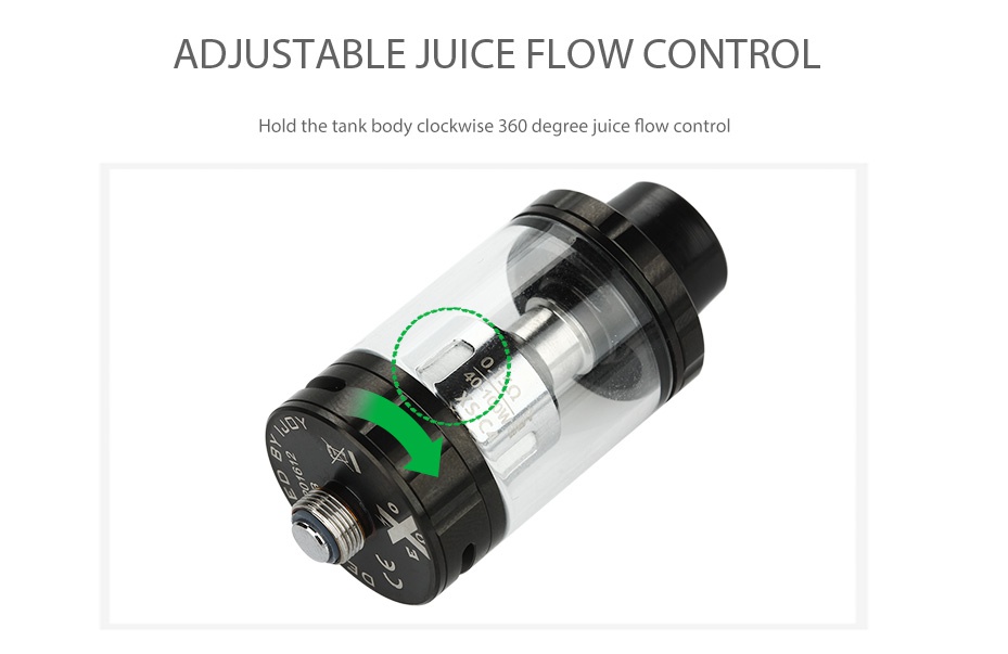 IJOY EXO S Subohm Tank 3.2ml ADJUSTABLE JUICE FLOW CONTROL Hold the tank body clockwise 360 degree juice flow control