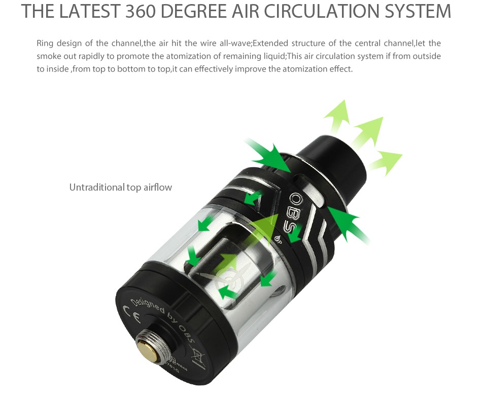 OBS Engine SUB Mini Atomizer 3.5ml THE LATEST 360 DEGREE AIR CIRCULATION SYSTEM Ring design of the channel  the air hit the wire all wave  Extended structure of the central channel  let the smoke out rapidly to promote the atomization of remaining liquid  This air circulation system if from outside to inside from top to bottom to top  it can effectively improve the atomization effect Untraditional top airflow