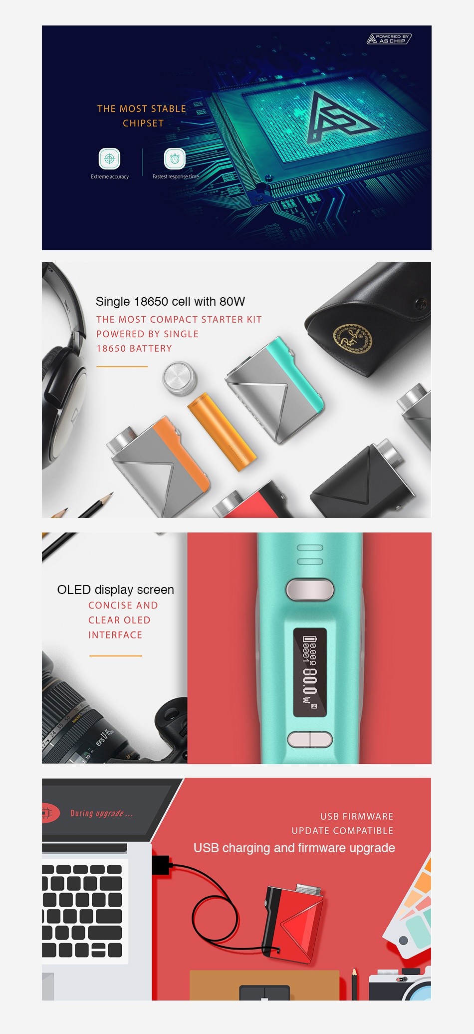 Geekvape Lucid 80W TC Box MOD A E  THE MOST STABLE CHIPSET Extreme accuracy Fastest resoonse ti Single 18650 cell with 80W THE MOST COMPACT STARTER KIT POWERED BY SINGLE 18650 BATTERY olEd display screen CONCISE AND CLEAR OLED INTERFACE uring upgrade USB FIRMWARE UPDATE COMPATIBLE USB charging and firmware upgrade