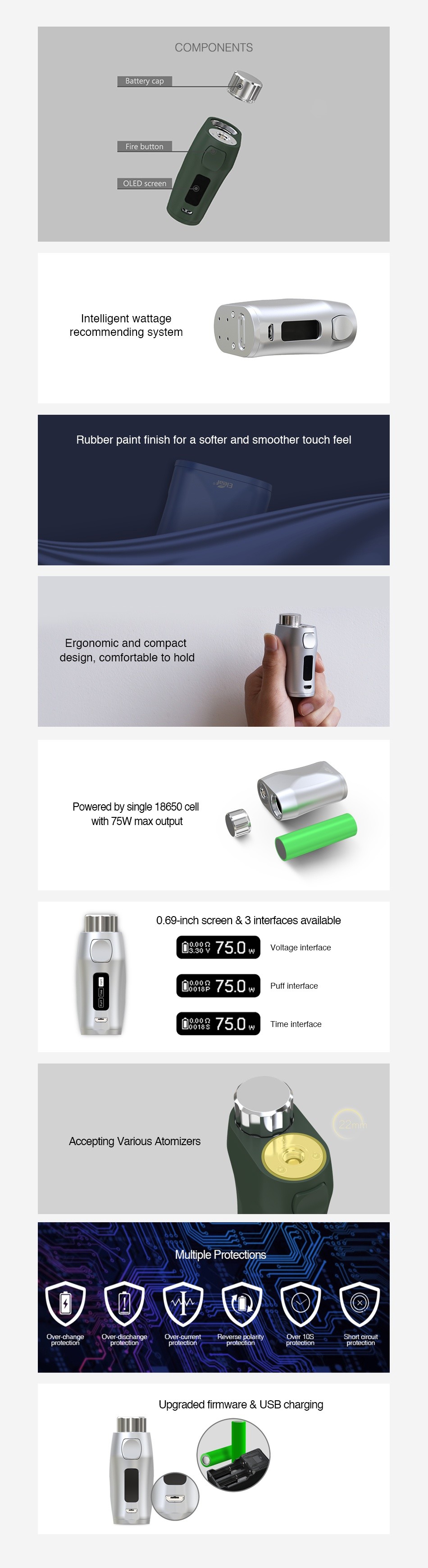 Eleaf iStick Pico X 75W TC Box MOD COMPONENTS Intelligent wattage recommending system Rubber paint finish for a softer and smoother touch feel Ergonomic and compact design  comfortable to hold Powered by single 18850 call th 75W max output 0 69 inch screen 3 interfaces available 0990 75 0wvollage inlerlgGw 8750 mr 088750w Multiple Protections cha