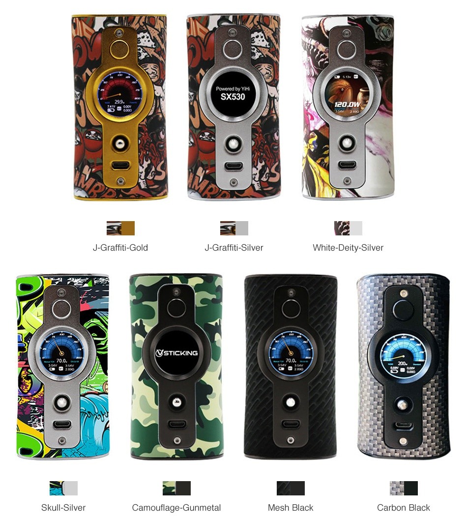 Vsticking VK530 200W TC Box MOD Powered by YH o s J Graffiti Gold J Graffiti Silver White Deity Silver OSTICKING Skull Silver Camouflage Gunmetal Mesh black Carbon black