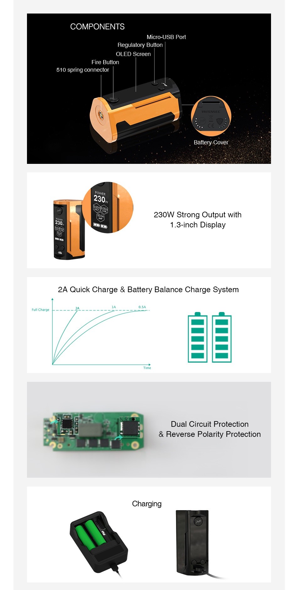 WISMEC Reuleaux RX GEN3 Dual 230W TC Box MOD COMPONENTS Micro USB Port Regulatory Button OLED Screen Fire button 510 spring connector Battery Cover 230 230W Strong Output with 1 3 inch Display 2A Quick Charge Battery Balance Charge System Full Charge Dual circuit protection reverse Polarity Protection agiNg