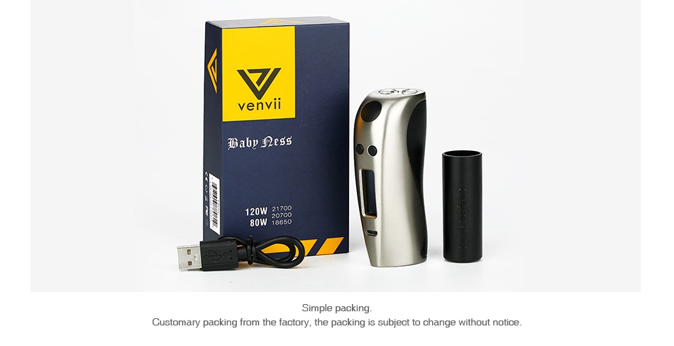 Venvii Baby Ness 120W 21700 TC Box MOD ventIl ab  Customary packi n the factory  the packing is subject to change without notice