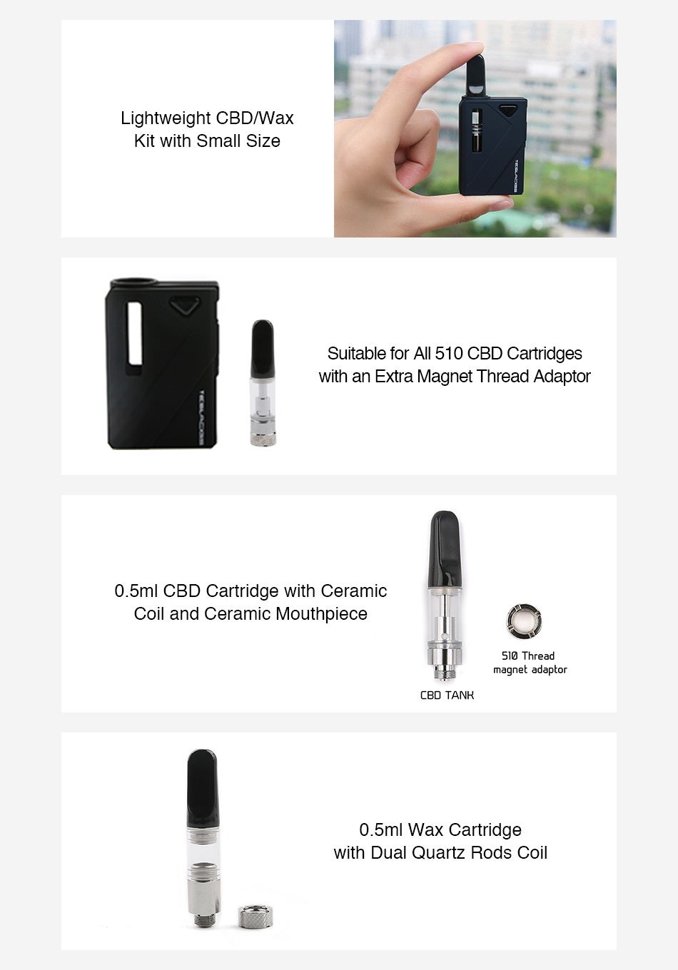 Tesla Mini DUO CBD/Wax Kit 500mAh Lightweight CBD ax it with small size Suitable for All 510 CBD Cartridges ch an Extra Magnet Thread Adaptor 05ml cBd Cartridge with ceramic Coil and ceramic Mouthpiece 510 Thread magnet adaptor CBD TANR 05ml Wax Cartridge ith dual quartz rods ce