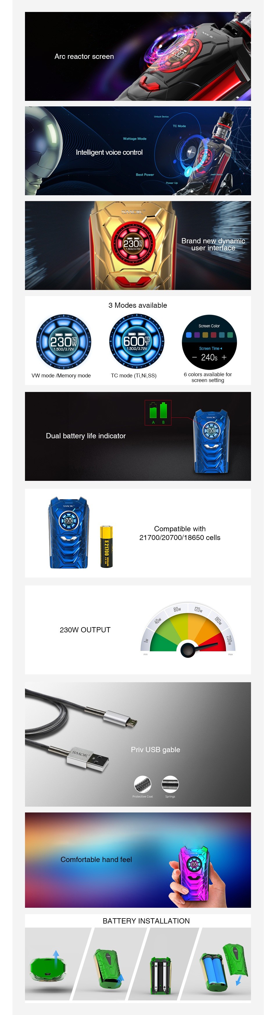 SMOK I-Priv 230W Voice Control TC Box MOD Prism chrome Green Purple Prism rainbow 230N Black Red Prism gold Prism blue