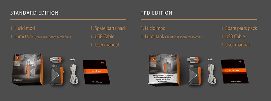 Geekvape Lucid 80W TC Kit with Lumi STANDARD EDITION TPD EDITION Lucid mod 1  Spare parts pack Lucid mod 1  Spare parts pack 1  Lumi tank  built in 0  ohm Mesh coil 1  USB Cable 1  Lumi tank  built in 0 ohm Mesh coil  1  USB Cable User manual