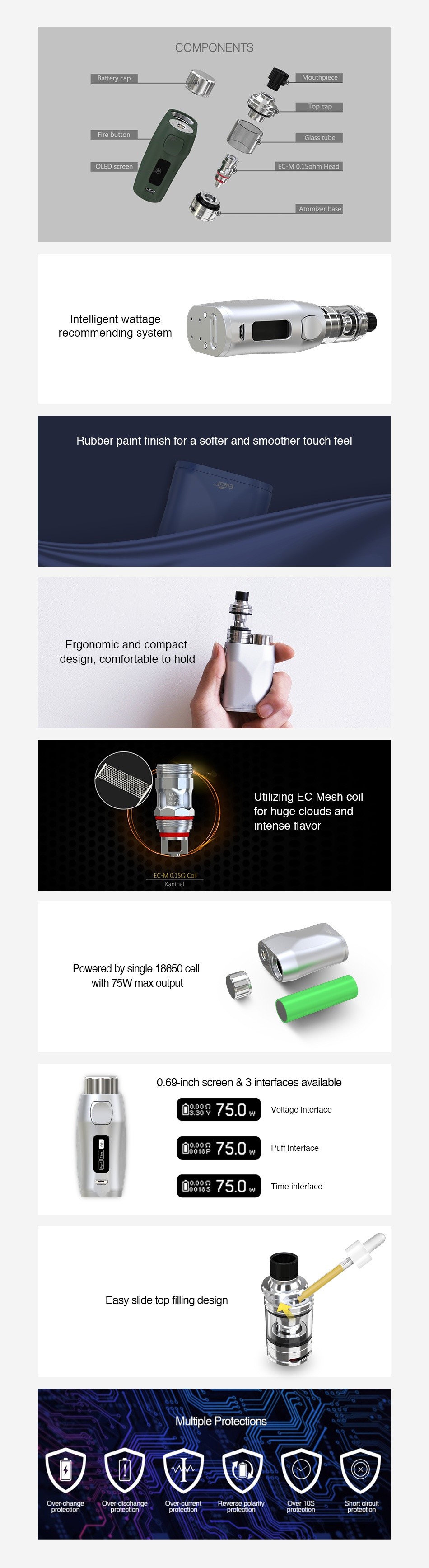 Eleaf iStick Pico X 75W TC Kit with Melo 4 Atomizer COMPONENTS recommending system Rubber paint finish for a softer and smoother touch feel Ergonomic and compact uT design  comfortable to hold Powered by single 18650 cell with 75w max outout 0 69 inch screen 3 interfaces available 938750Wme 88750w Puff interlace 10018975 0 w Time interface Multiple Protecti