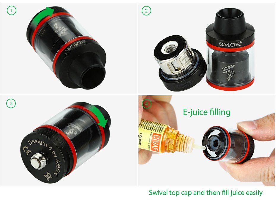 SMOK Minos Sub Tank 4ml E juice filling Swivel top cap and then fill juice easily