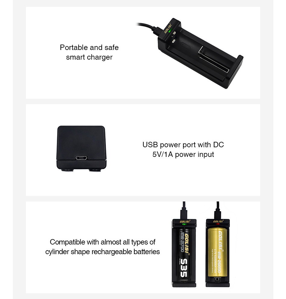 Golisi Needle 1 Smart USB Charger Portable and safe smart charger USB power port with dC 5V 1A power input Compatible with almost all types of cylinder shape rechargeable batteries UL