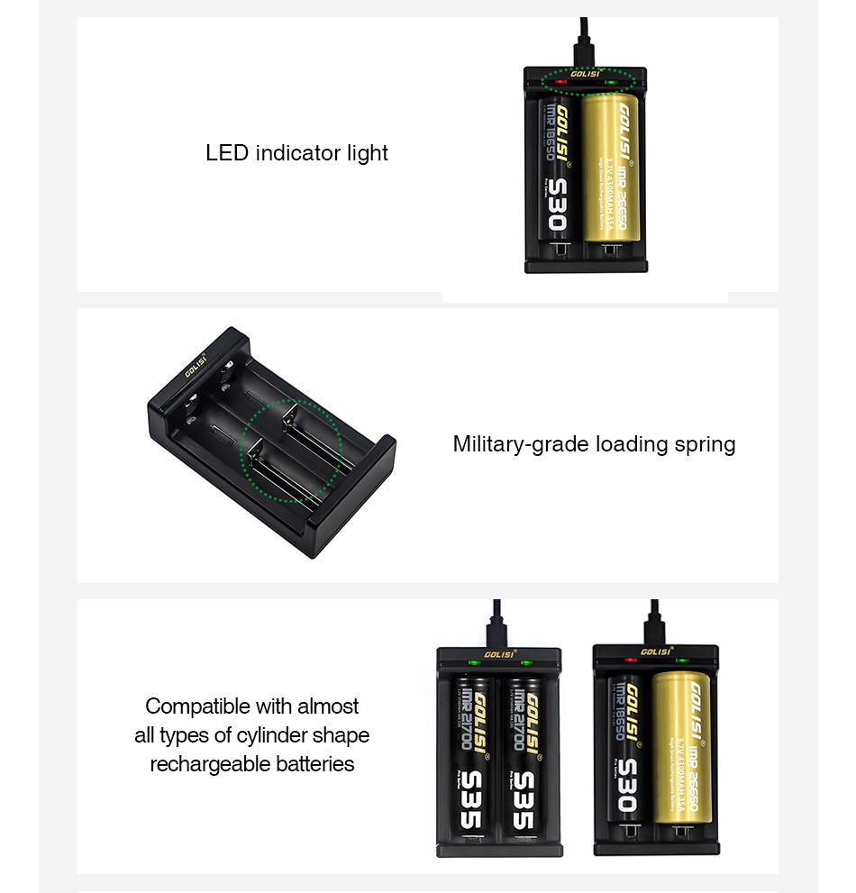 Golisi Needle 2 Smart USB Charger ED indicator light Military grade loading spring Compatible with almost ll types of cylinder shape rechargeable batteries HU UI muo UU