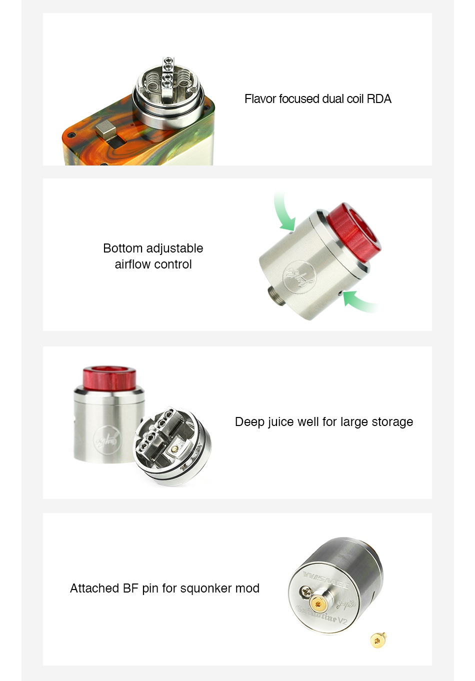 WISMEC Guillotine V2 RDA Flavor focused dual coil rda Bottom adiustable airflow contro Deep juice well for large storage Attached bf pin for squonker mod