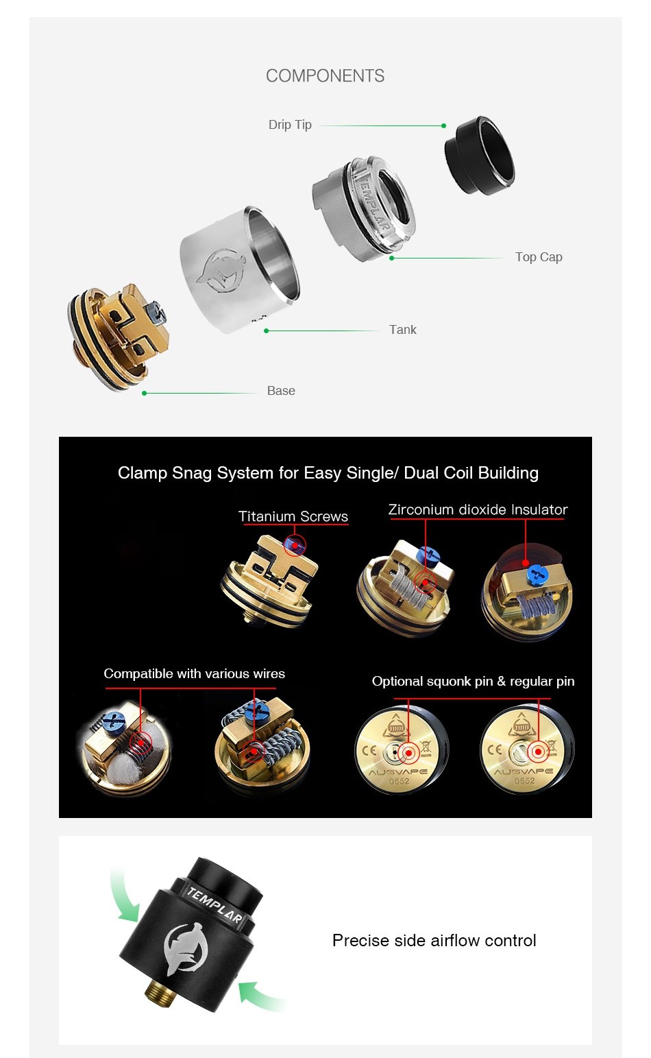 AUGVAPE Templar RDA COMPONENTS Drip T p cap Tank Base Clamp Snag System for Easy Single  Dual Coil Building Titanium Screws Zirconium dioxide Insulator   Compatible with various wires Optional squonk pin regular pin Precise side airflow control