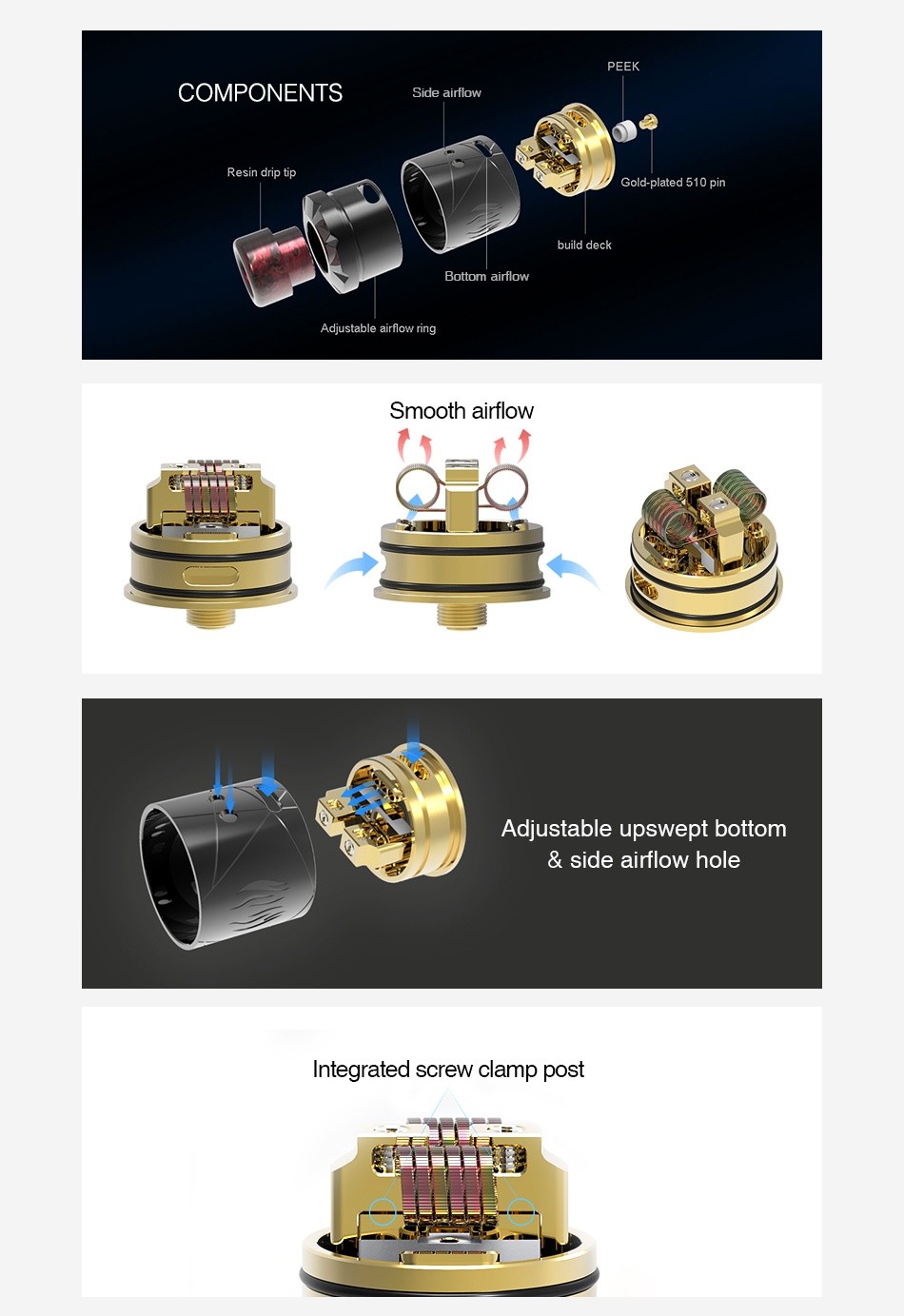 Avidvape Ghost Inhale RDA COMPONENTS de airflow Resin drip tip Gold plated 510 build deck Adjustable airflow ring Smooth airflow Adjustable upswept bottom side airflow hole Integrated screw clamp post