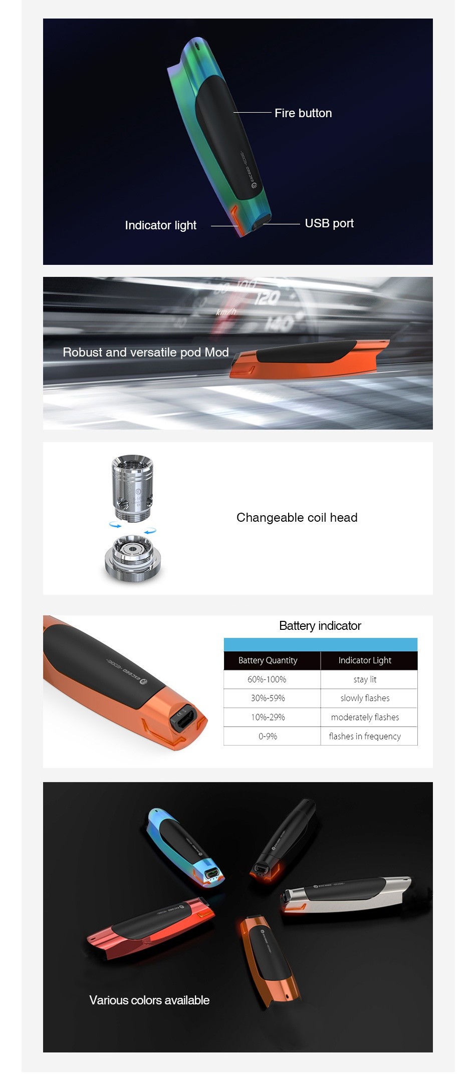 Joyetech Exceed Edge Battery 650mAh Fire button Indicator light USB port Robust and versatile pod Mod Changeable coil head Battery indicator Battery Quantity ndicator Light 60  100  9 599 slowly flashes 109 29 moderately flashes f ashes in frequency Various colors available