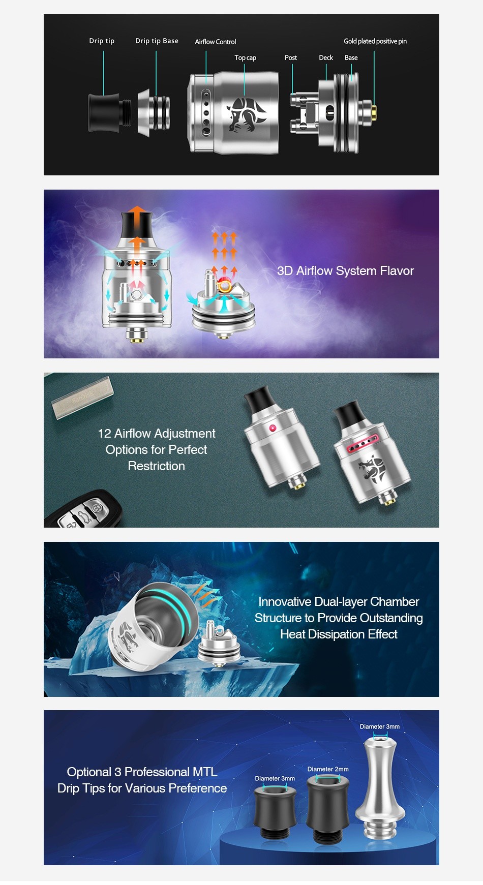 GeekVape Ammit MTL RDA Drip tip B Top cap     3D Airflow System Flavor 12 Airflow Adjustment Options for Perfect Restriction Innovative Dual layer Chamber Structure to Provide Outstanding Heat Dissipation Effect Diameter 3mm Optional 3 Professional MTL Diameter 3mm Drip Tips for Various Preference