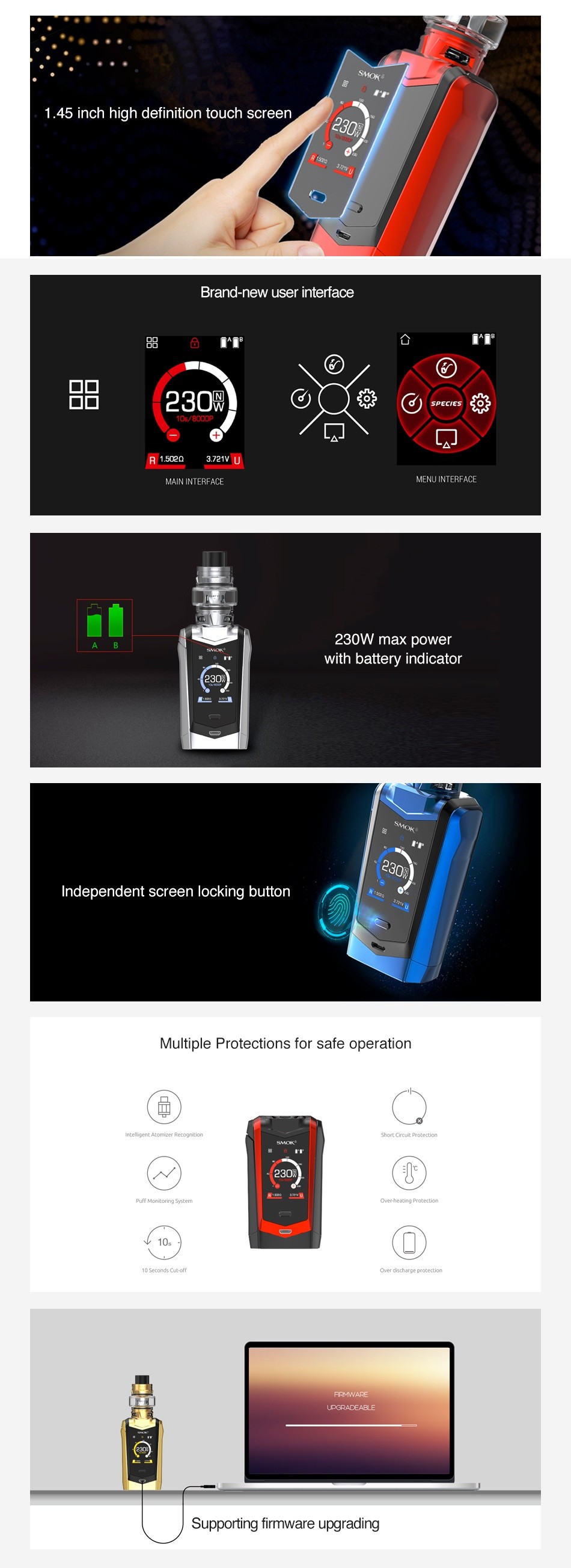 SMOK Species 230W Touch Screen TC Box MOD sMOK 230 30 230 230     Black red Red black Gold black Prism blue black SMOK 230 230 230 230     Prism chrome green black White red 7 Color and black and black