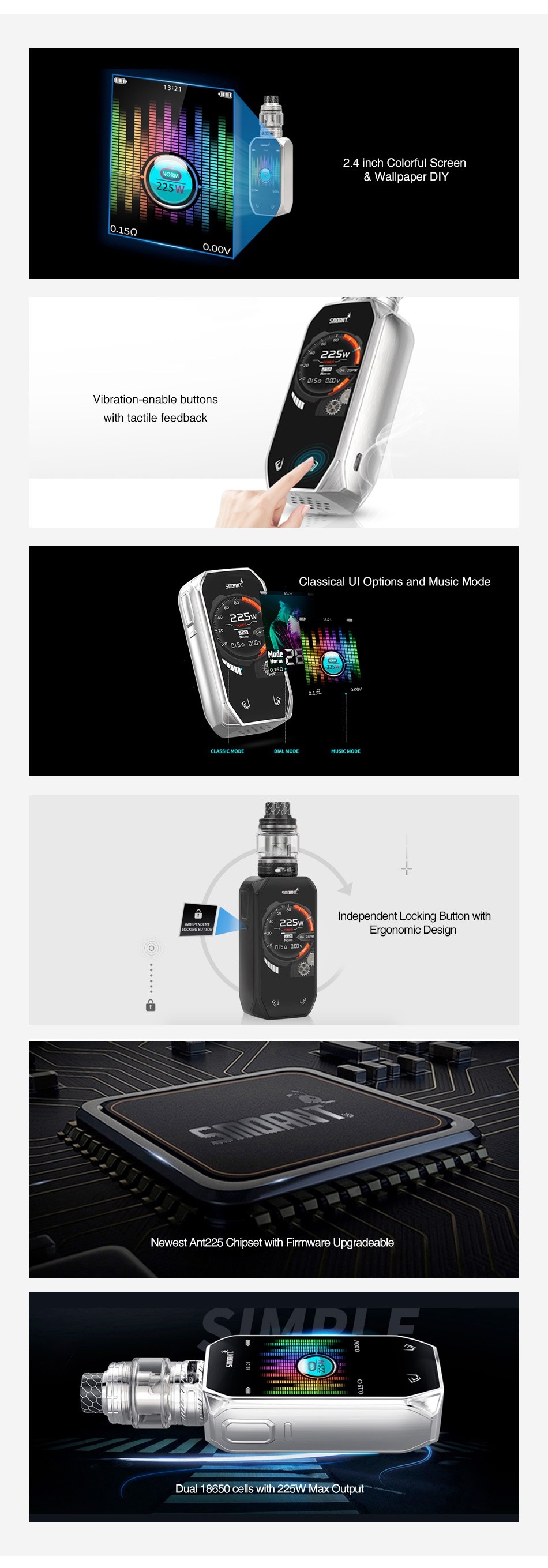 Smoant Naboo 225W TC Box MOD 3 21 Wallpaper DIY 2s1 Vibration  enable buttons Classical Ul Options and Music Mode NJSa M0n Independent Locking Button with Ergonomic Design Newest An 225 Chipset with Firmware Upgradeable Dual 18650 cells with 225W Max output