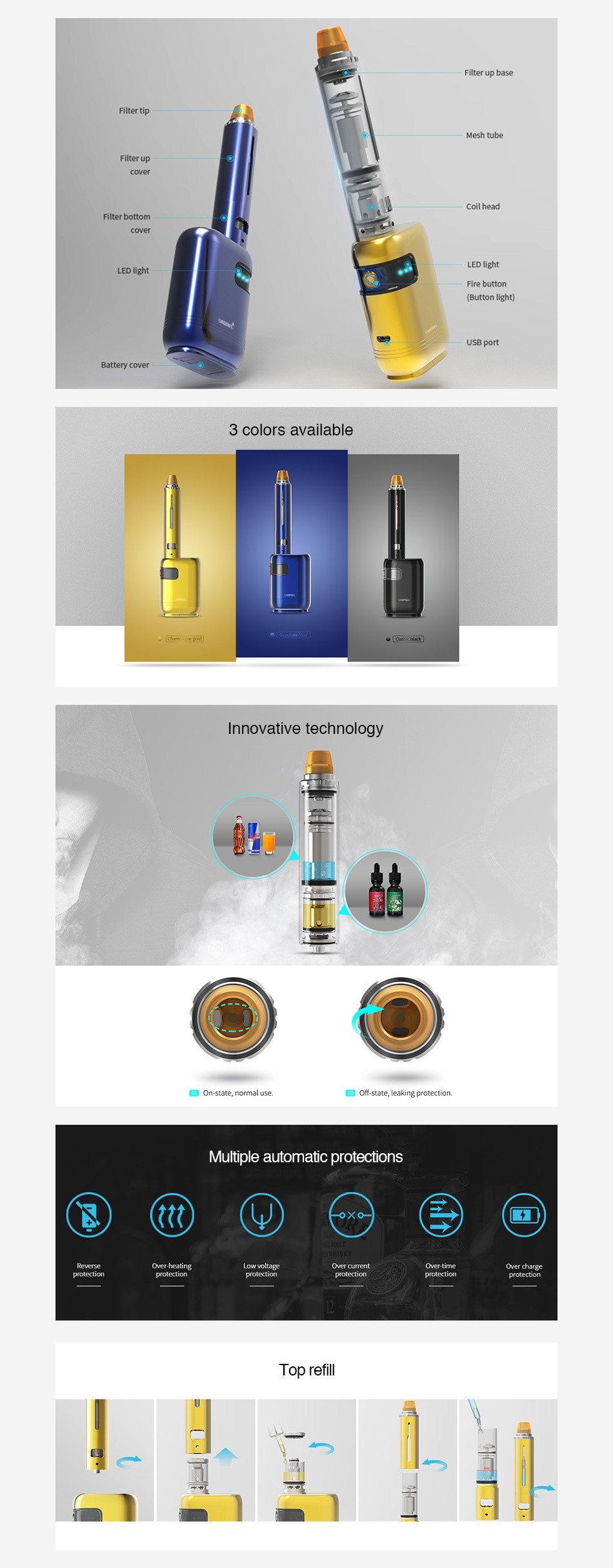 Smoant Campbel 80W VW Kit Filter up base Filter tip Filter up oll head FIlter bottom ED light Battery core 3 colors availabl Carnero Innovative technology o on state  normal us c2 Off  sta  e  leaking protection Multiple automatic protections     Low vol are protecti protecton