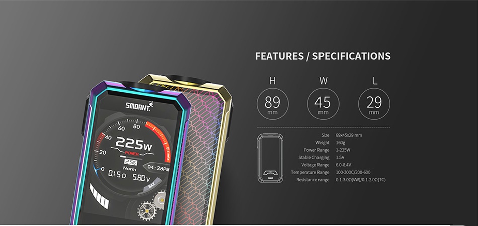 Smoant Charon Mini 225W TC Box MOD FEATURES  SPECIFICATIONS SMmoRNT 89 45 29 Size 89x45x9 mm  a5 5Bv Resistance