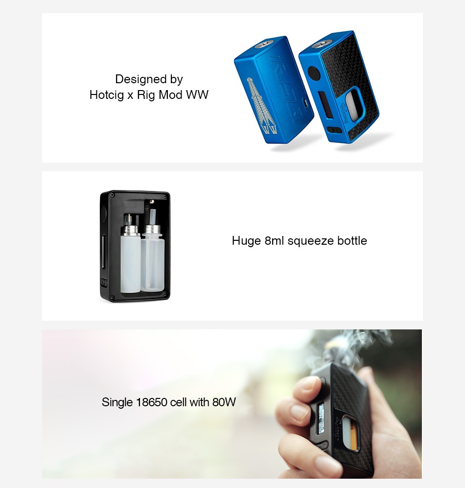Hotcig RSQ 80W TC Squonk MOD Designed by Hotcig x Rig Mod WW Huge 8ml squeeze bottle Single 18650 cell with 80W