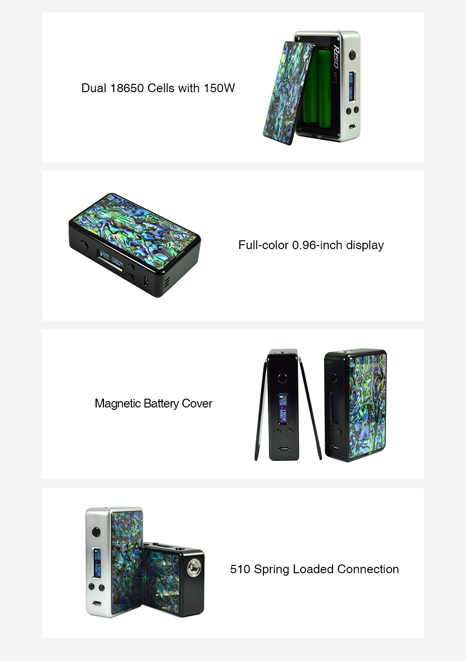 Hotcig R150 TC Box MOD Dual 18650 Cells with 15OW Full color 0 96 inch display magnetic Battery Cover 510 Spring loaded connection