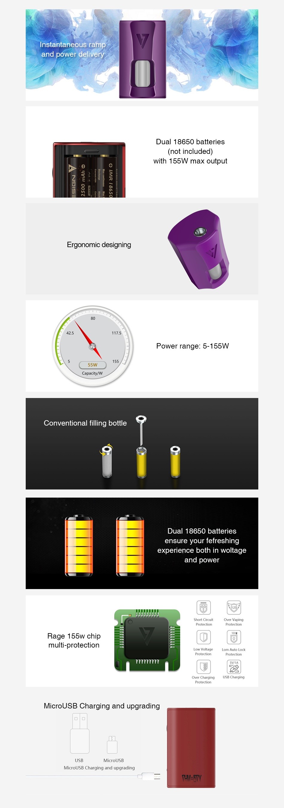 [With Warnings] Desire Rage 155W TC Squonk MOD Red Purple White Black Brushed