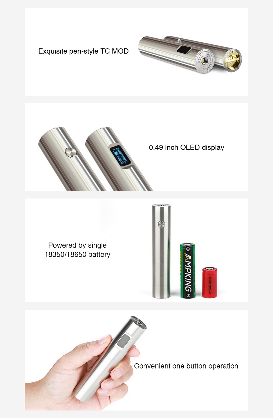 Ehpro 101 50W TC MOD Exquisite pen style TC MOD 0 49 inch OLEd display Powered by single 18350 18650 battery Convenient one button operation