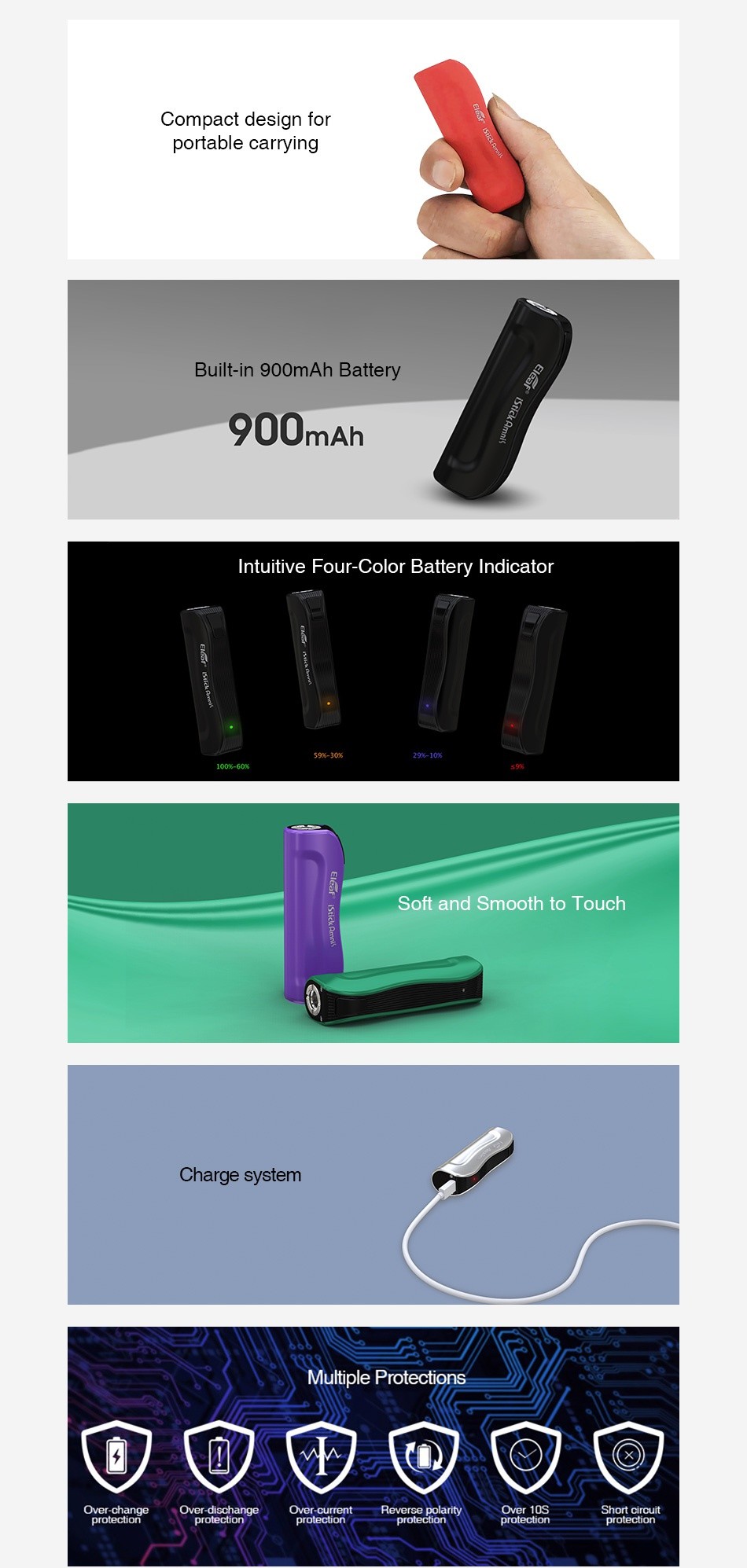 Eleaf iStick Amnis Battery 900mAh Black Green Purple Red Silver Blue