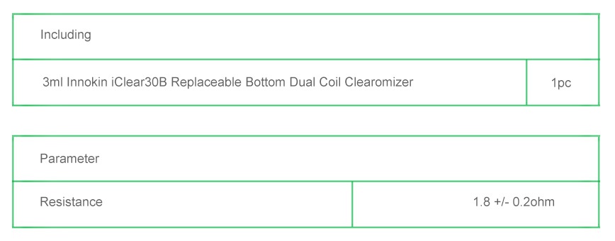 Innokin iClear 30B BDCC Clearomizer 3ml ncludin 3ml Innokin iClear 30B Replaceable bottom Dual Coil clearomizer Parameter Resistance 8   0 2ohm