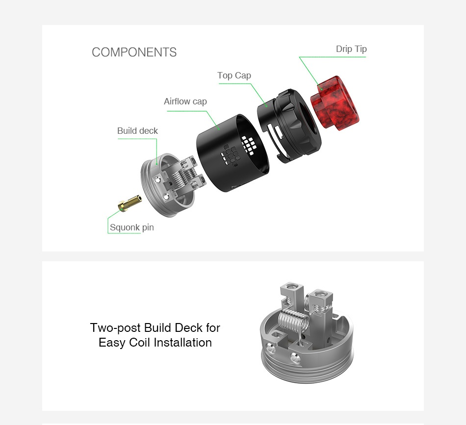 Tigertek Momentum RDA COMPONENTS Drip I ip Top Cap Airflow cap eck Squonk TWo post Build deck for Easy Coil Installation